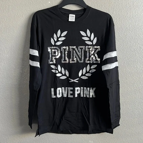 T-shirt à Manches Longues Victoria's Secret PINK - Campus Tee Indiana University (IU) - Noir, 100% Coton, Neuf Avec étiquette